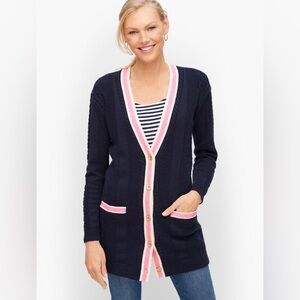 Talbots Cable Knit Cardigan Sweater Blk/White Trim tipped in Pink. Size 2x K4